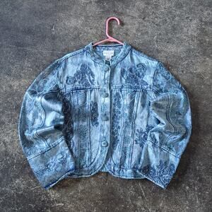 Vintage Bellissima Blazer Jacket Womens L Blue Floral Rayon Embroidered Coat